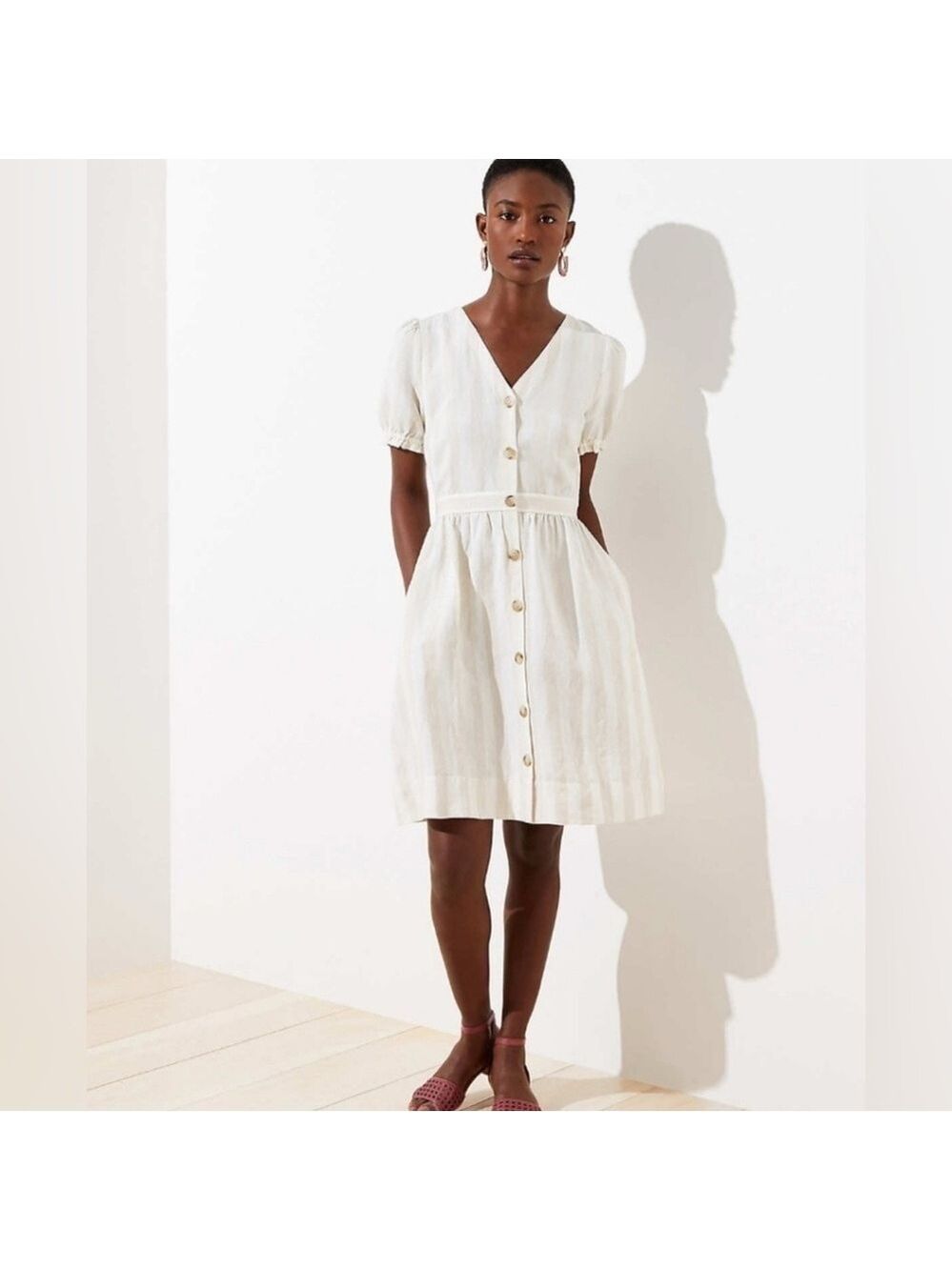 LOFT White Button-Front V-Neck Midi Dress